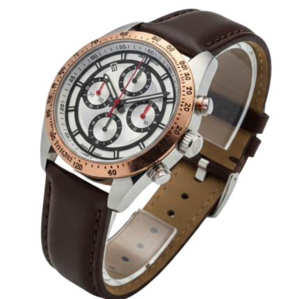 Men's Sporty Rose Gold Bezel Brown Leather Chronograph