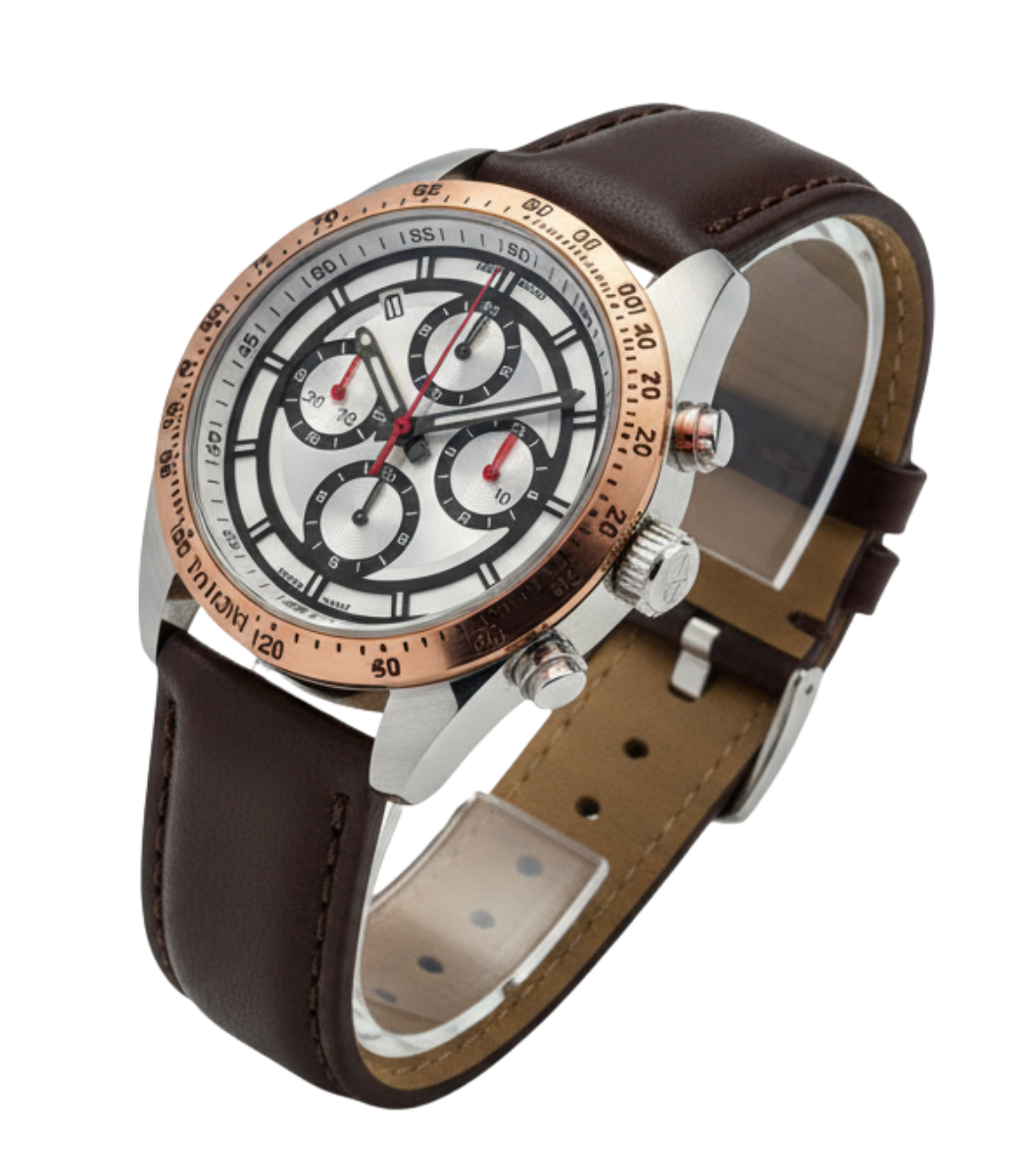 Men's Sporty Rose Gold Bezel Brown Leather Chronograph