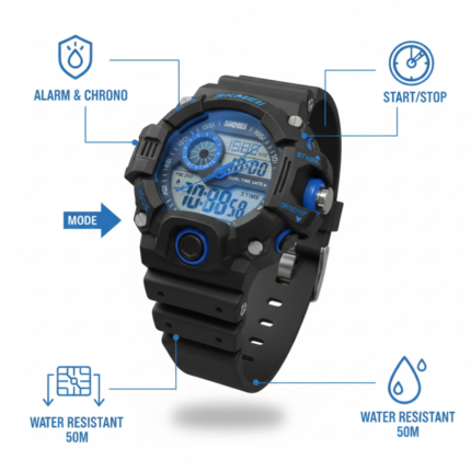 Rugged Black Blue Dual Display Sports Watch