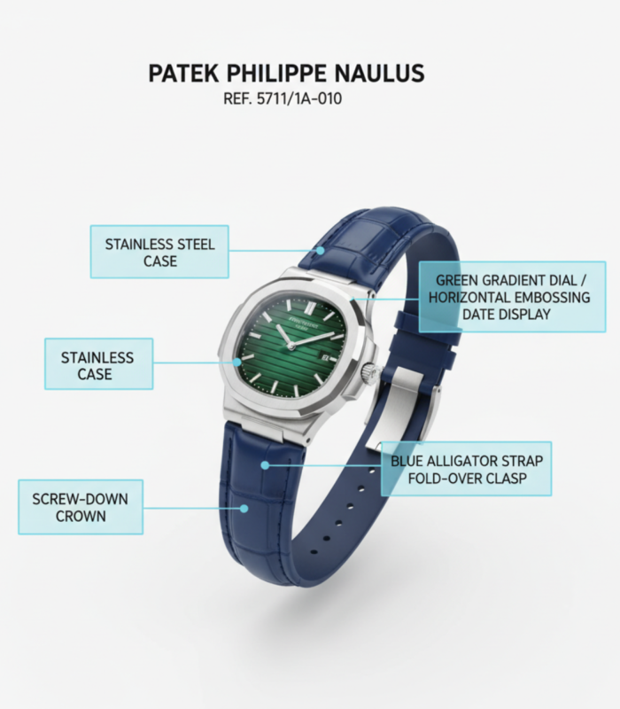 Luxury Silver Green Dial Blue Leather Men's Watch