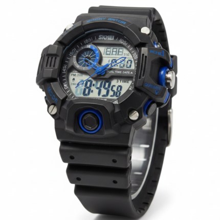 Rugged Black Blue Dual Display Sports Watch