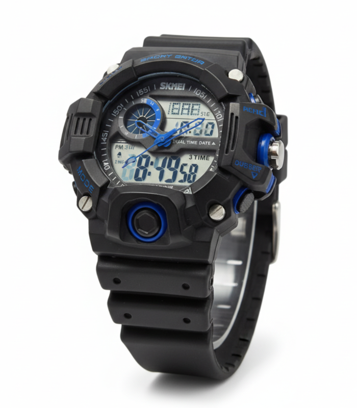 Rugged Black Blue Dual Display Sports Watch