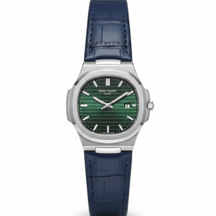 Luxury Silver Green Dial Blue Leather Men's Watch
