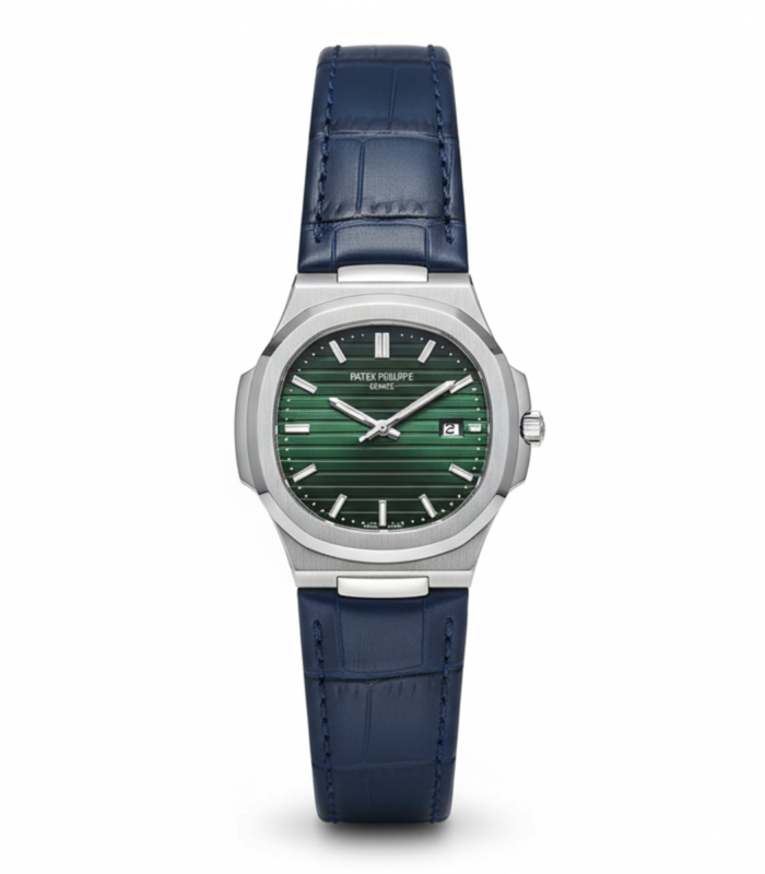 Luxury Silver Green Dial Blue Leather Men's Watch