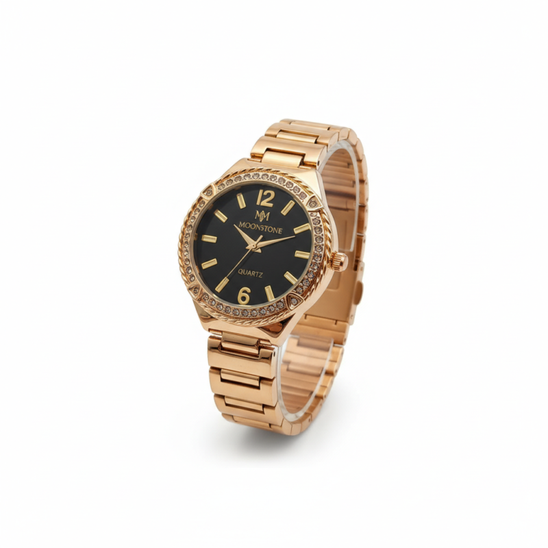 Elegant Rose Gold Women's Watch with Diamond Accent Bezel - Moonstone