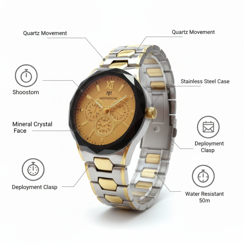 Moonstone Gold Chronograph Black Bezel Men's Watch