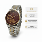 Men's Luxury Two-Tone Watch with Textured Dark Red Dial & Crystal Markers
