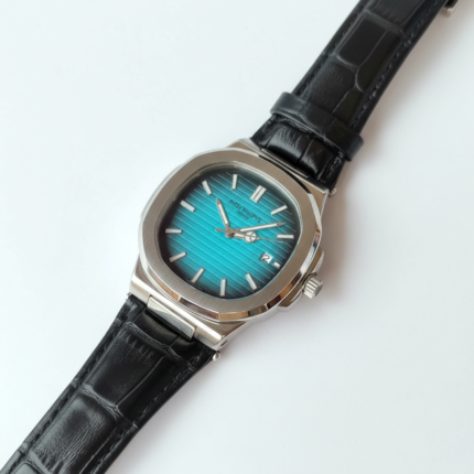 Patek Philippe Nautilus Style Blue Dial Watch with Black Leather Strap