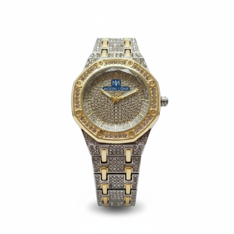 Unisex Iced Out "Moon One" Gold & Silver Stainless Steel Watch