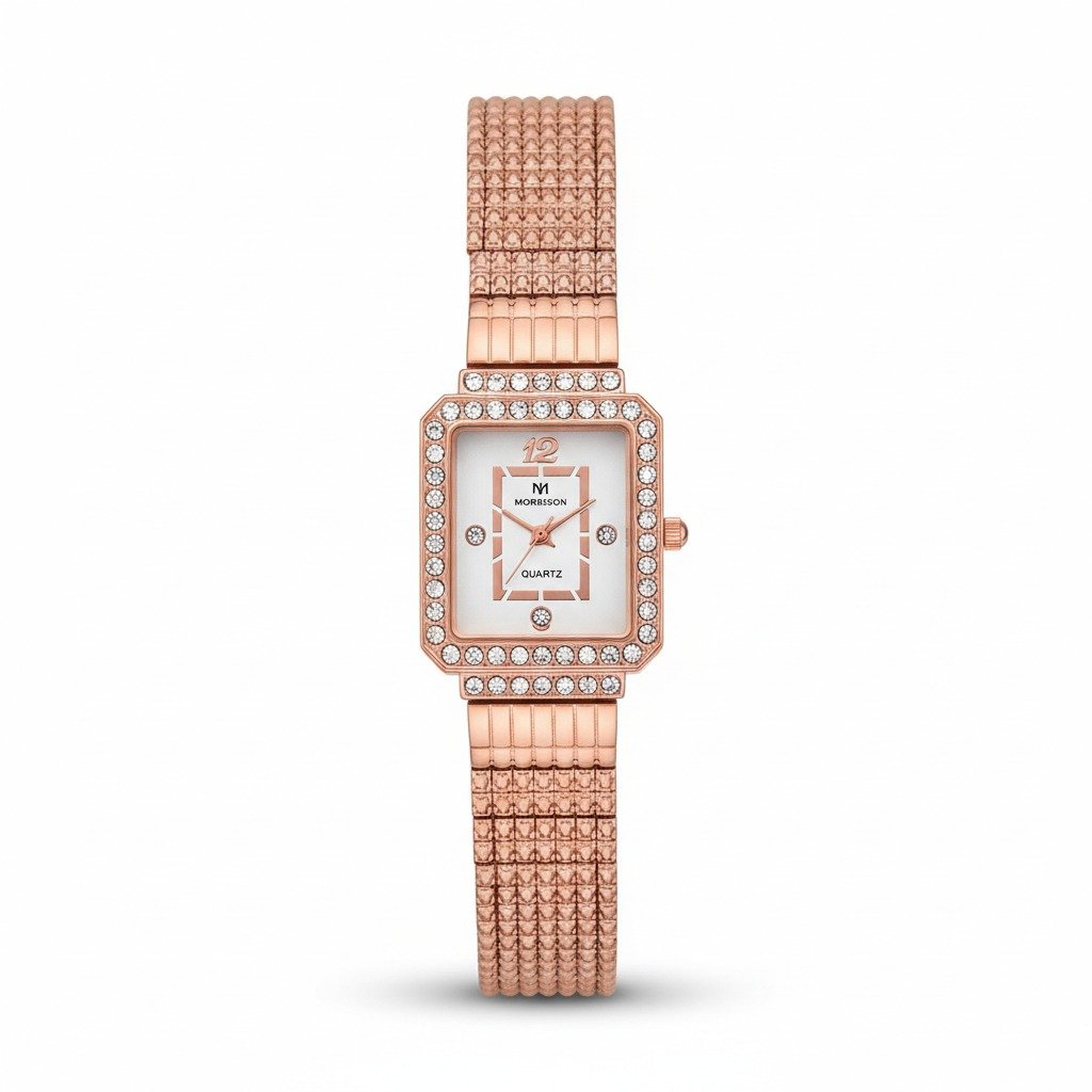 Morisson Luxury Rose Gold Diamond-Encrusted Square Watch for Women Morisson Luxury Rose Gold Diamond-Encrusted Square Watch for Women