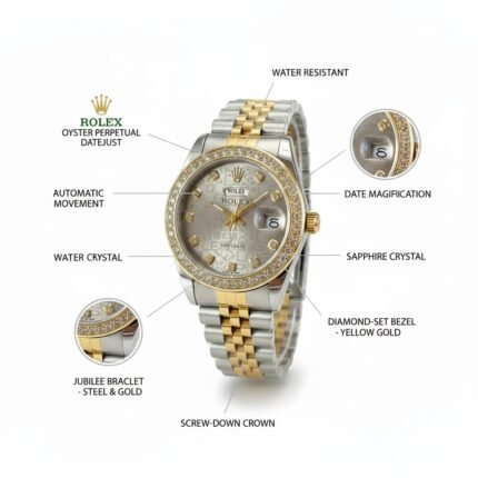 Rolex Datejust Two Tone Diamond Crystal Silver Watch