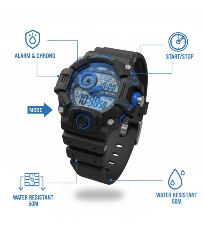Black Blue Heavy Duty Dual Display Watch