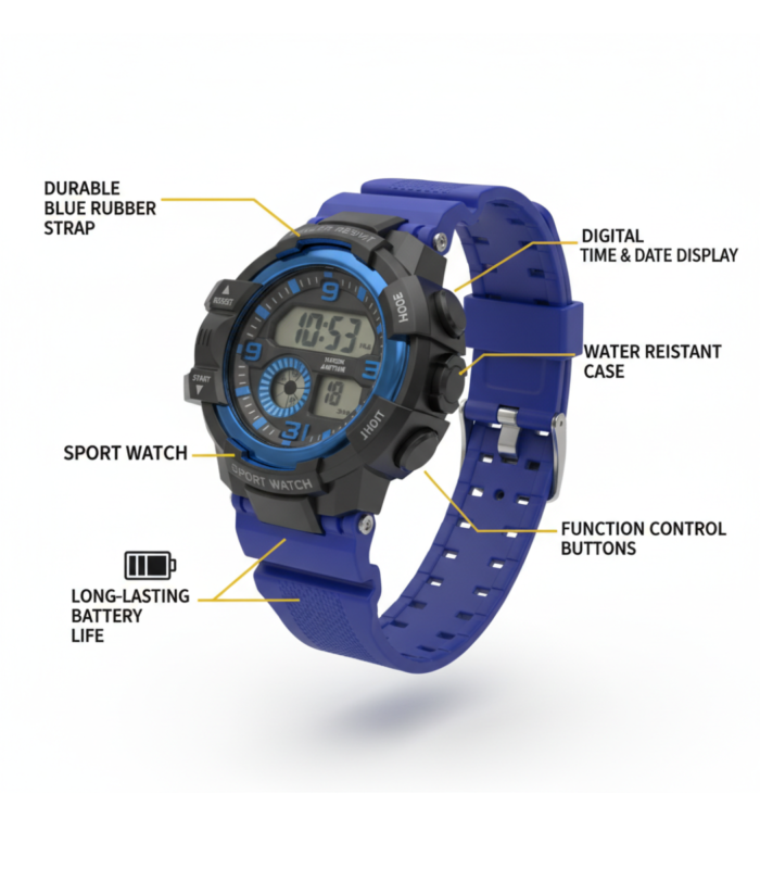 Bold Blue Black Dual Display Rugged Sports Watch
