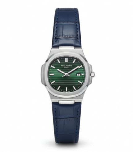 Luxury Silver Green Dial Blue Leather Men’s Watch