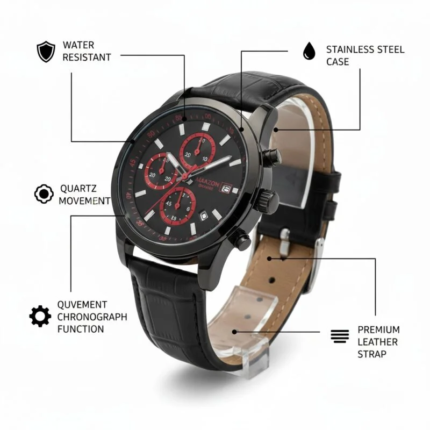 Sporty Men’s Chronograph Watch with Black Leather Strap