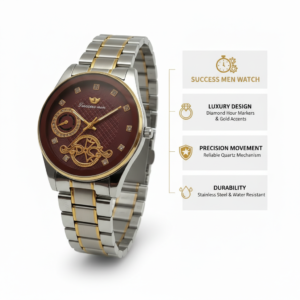 Men’s Luxury Two-Tone Watch with Textured Dark Red Dial & Crystal Markers