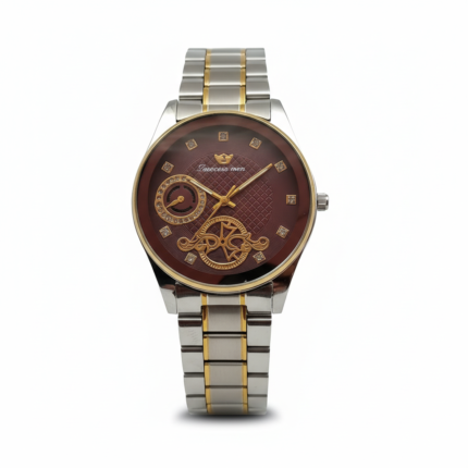 Men’s Luxury Two-Tone Watch with Textured Dark Red Dial & Crystal Markers