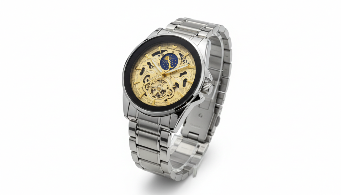 Luxury Silver Skeleton Automatic Watch With Sun Moon Phase